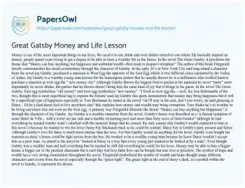 Essay on Great Gatsby Money and Life Lesson