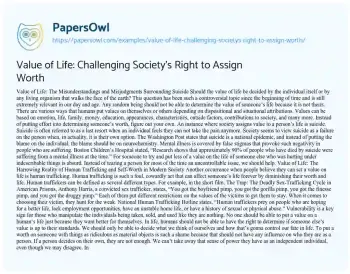 Essay on Value of Life: Challenging Society’s Right to Assign Worth