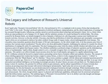 Essay on The Legacy and Influence of Rossum’s Universal Robots