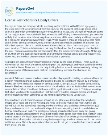 Essay on License Restrictions for Elderly Drivers