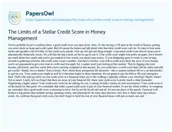 Essay on The Limits of a Stellar Credit Score in Money Management