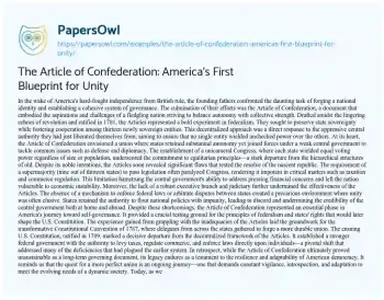 Essay on The Article of Confederation: America’s First Blueprint for Unity