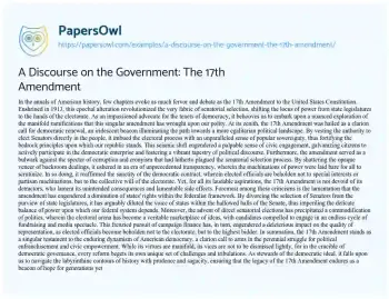 Essay on A Discourse on the Government: the 17th Amendment