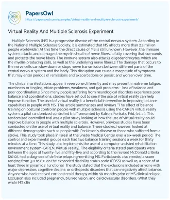 Essay on Virtual Reality and Multiple Sclerosis Experiment