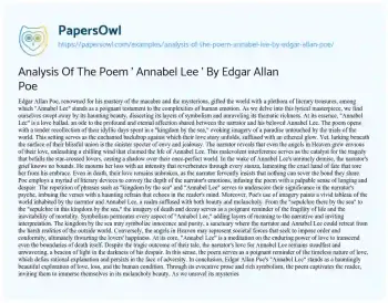 Essay on Analysis of the Poem ‘ Annabel Lee ‘ by Edgar Allan Poe