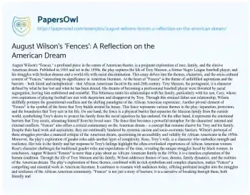 Essay on August Wilson’s ‘Fences’: a Reflection on the American Dream