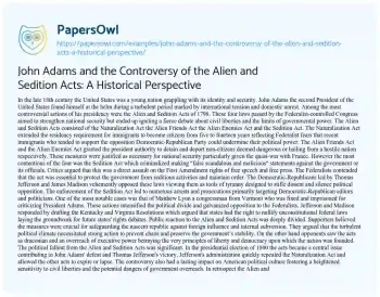 Essay on John Adams and the Controversy of the Alien and Sedition Acts: a Historical Perspective