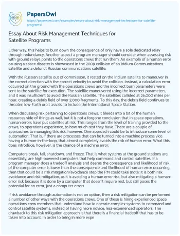 Essay on Essay about Risk Management Techniques for Satellite Programs