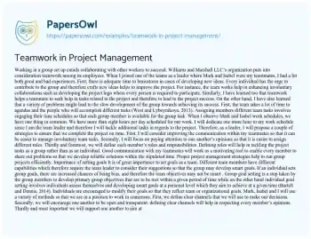 Essay on Teamwork in Project Management