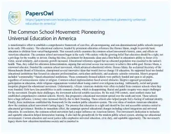 Essay on The Common School Movement: Pioneering Universal Education in America