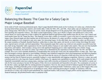 Essay on Balancing the Bases: the Case for a Salary Cap in Major League Baseball