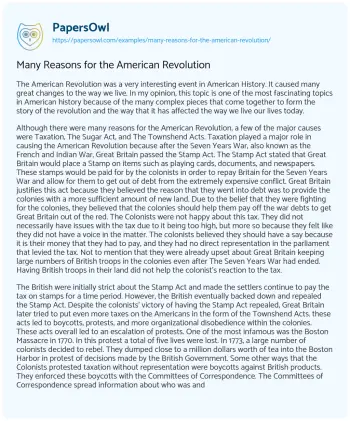 Essay on Many Reasons for the American Revolution