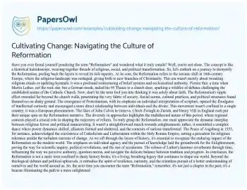 Essay on Cultivating Change: Navigating the Culture of Reformation