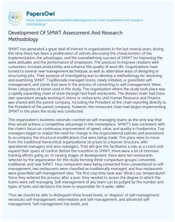 Essay on Development of SMWT Assessment and Research Methodology