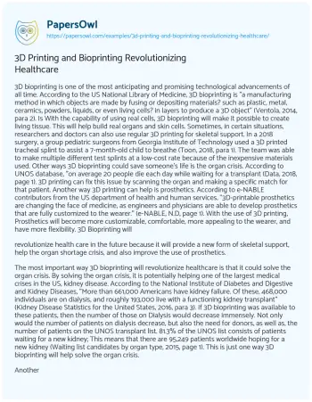 Essay on 3D Printing and Bioprinting Revolutionizing Healthcare