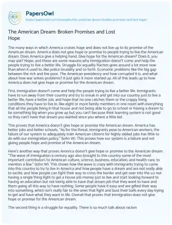 Essay on The American Dream: Broken Promises and Lost Hope