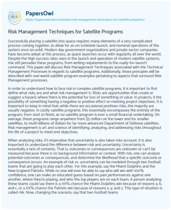 Essay on Risk Management Techniques for Satellite Programs