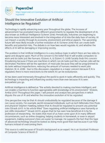 Essay on Should the Innovative Evolution of Artificial Intelligence be Regulated?