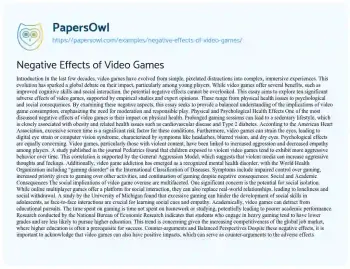 Essay on Negative Effects of Video Games