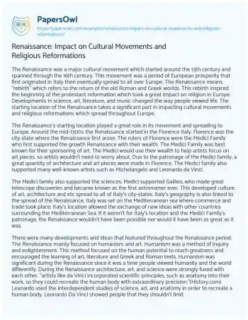 Essay on Renaissance: Impact on Cultural Movements and Religious Reformations