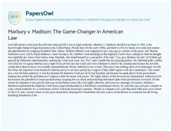 Essay on Marbury V. Madison: the Game-Changer in American Law