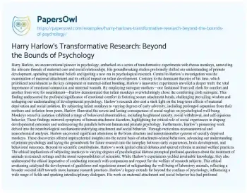 Essay on Harry Harlow’s Transformative Research: Beyond the Bounds of Psychology