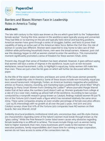 Essay on Barriers and Biases Women Face in Leadership Roles in America Today