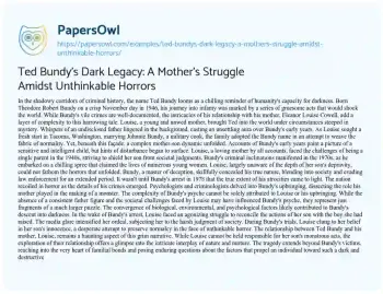 Essay on Ted Bundy’s Dark Legacy: a Mother’s Struggle Amidst Unthinkable Horrors