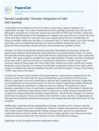 Essay on Servant Leadership: Thematic Integration of Faith and Learning