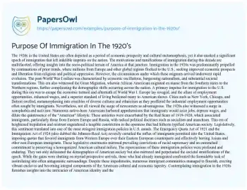 Essay on Purpose of Immigration in the 1920’s