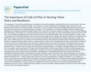 Essay on The Importance of Code of Ethics in Nursing: Virtue Ethics and Beneficenc