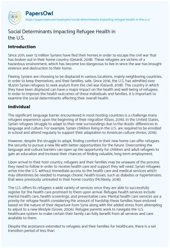 Essay on Social Determinants Impacting Refugee Health in the U.S.