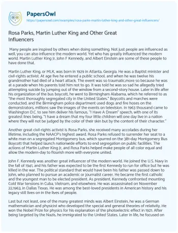 Essay on Rosa Parks, Martin Luther King and other Great Influencers