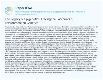 Essay on The Legacy of Epigenetics: Tracing the Footprints of Environment on Genetics