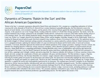 Essay on Dynamics of Dreams: ‘Raisin in the Sun’ and the African American Experience