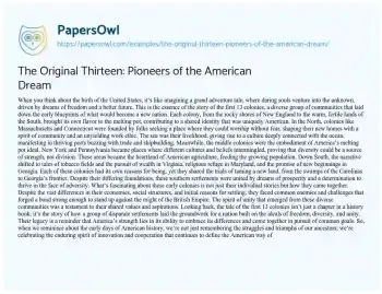 Essay on The Original Thirteen: Pioneers of the American Dream