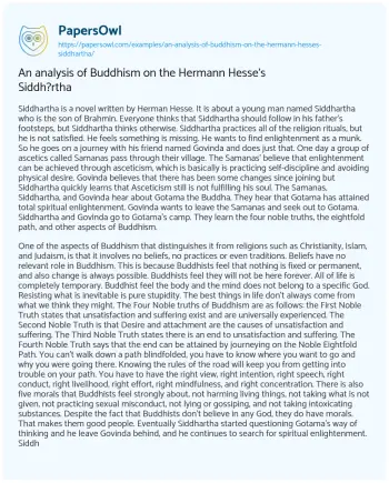 Essay on An Analysis of Buddhism on the Hermann Hesse’s Siddh?rtha