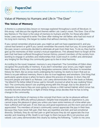 Essay on Value of Memory to Humans and Life in “The Giver”