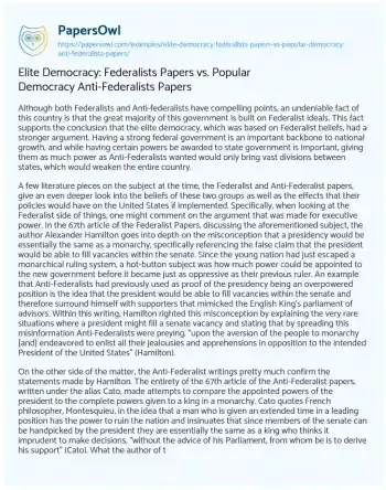 Essay on Elite Democracy: Federalists Papers Vs. Popular Democracy Anti-Federalists Papers