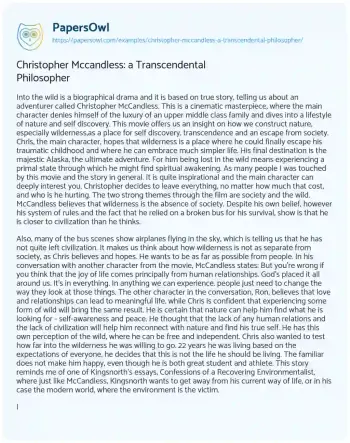 Essay on Christopher Mccandless: a Transcendental Philosopher