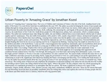 Essay on Urban Poverty in ‘Amazing Grace’ by Jonathan Kozol