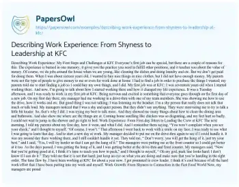 Essay on Describing Work Experience: from Shyness to Leadership at KFC