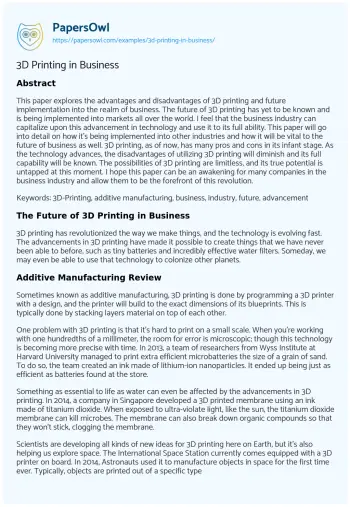 Essay on 3D Printing in Business