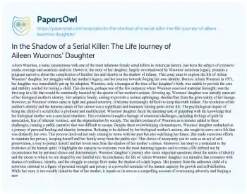 Essay on In the Shadow of a Serial Killer: the Life Journey of Aileen Wuornos’ Daughter