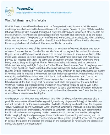 Essay on Walt Whitman and his Works