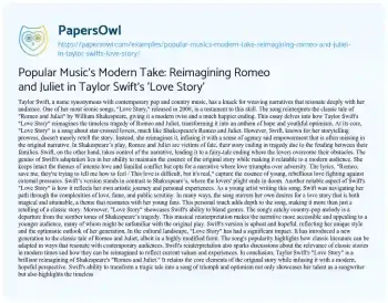 Essay on Popular Music’s Modern Take: Reimagining Romeo and Juliet in Taylor Swift’s ‘Love Story’