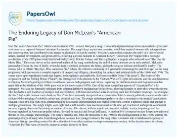 Essay on The Enduring Legacy of Don McLean’s “American Pie”