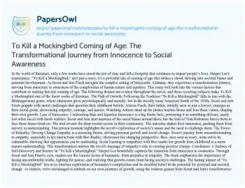 Essay on To Kill a Mockingbird Coming of Age: the Transformational Journey from Innocence to Social Awareness