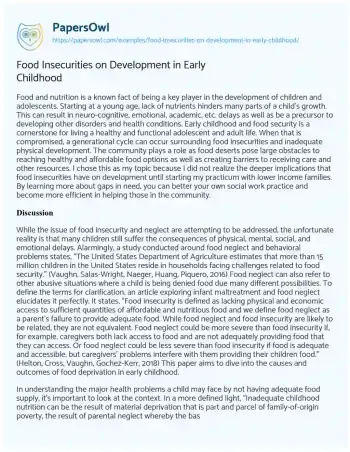 Essay on Food Insecurities on Development in Early Childhood