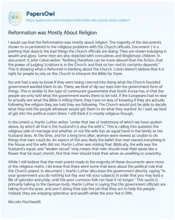 Essay on Reformation was Mostly about Religion